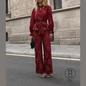 Burgundy Floral Jacquard Tie Waist Blouse & Wide Leg Pants Pantsuit Set